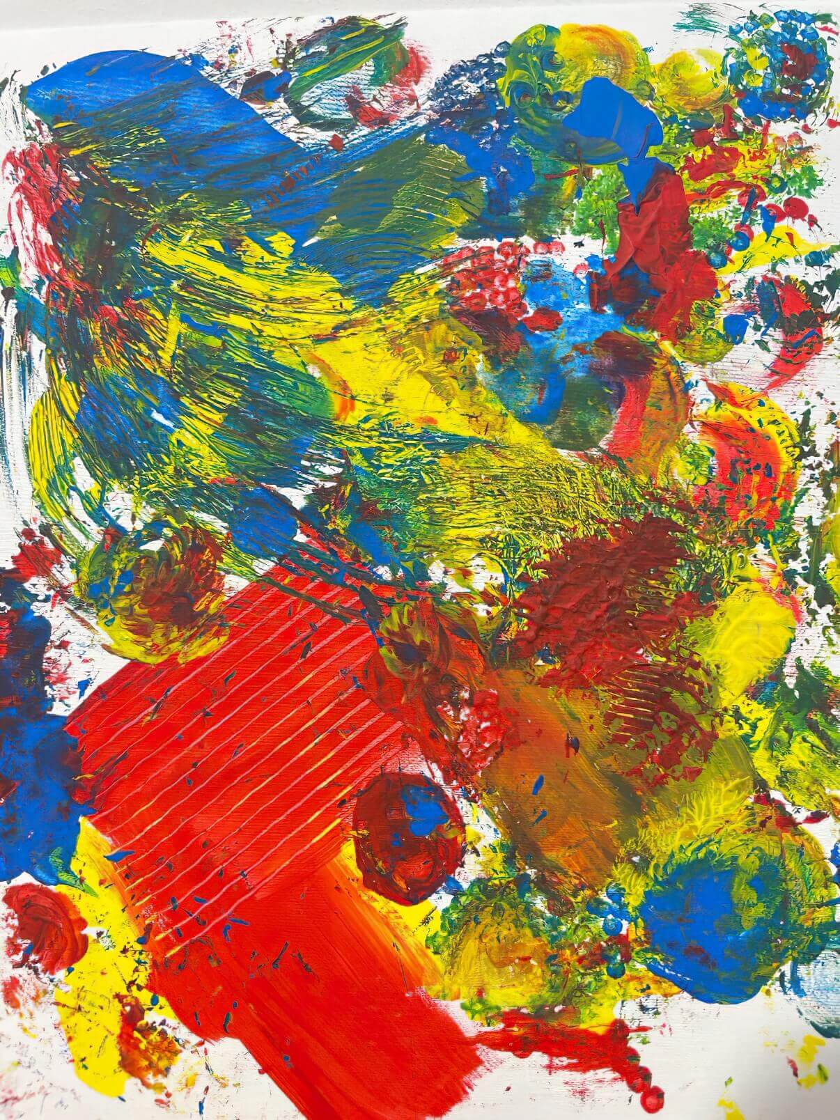 Abstraktes Kunstwerk mit verschiedenen Acryltechniken und kr&auml;ftigen Farbschichten aus dem M7 Workshop.