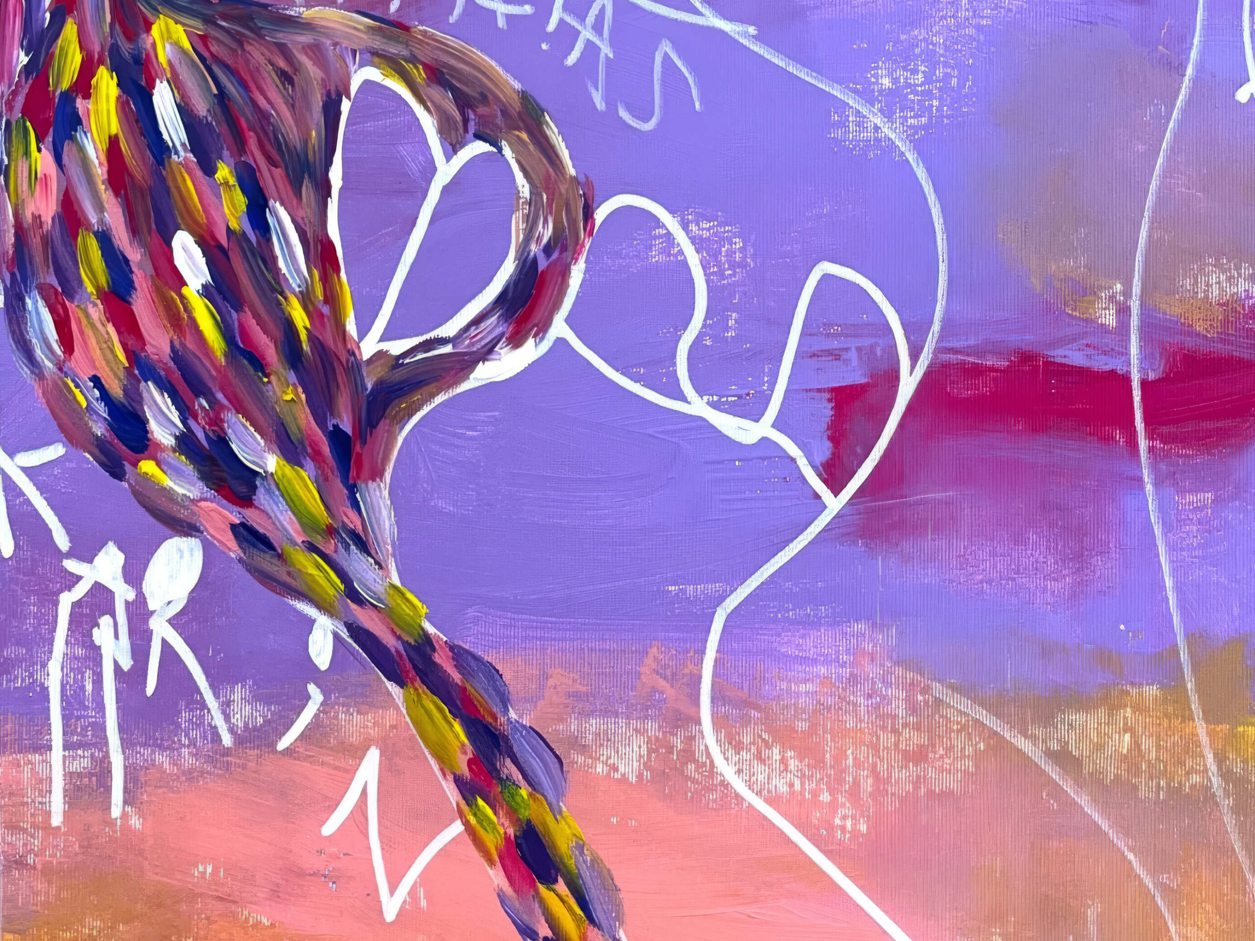 Ausstellungsplakat &bdquo;Schwestern&ldquo; mit einem farbenfrohen Kunstwerk von Karin und Birgit Podlesak und Informationen zur Ausstellung im M7.