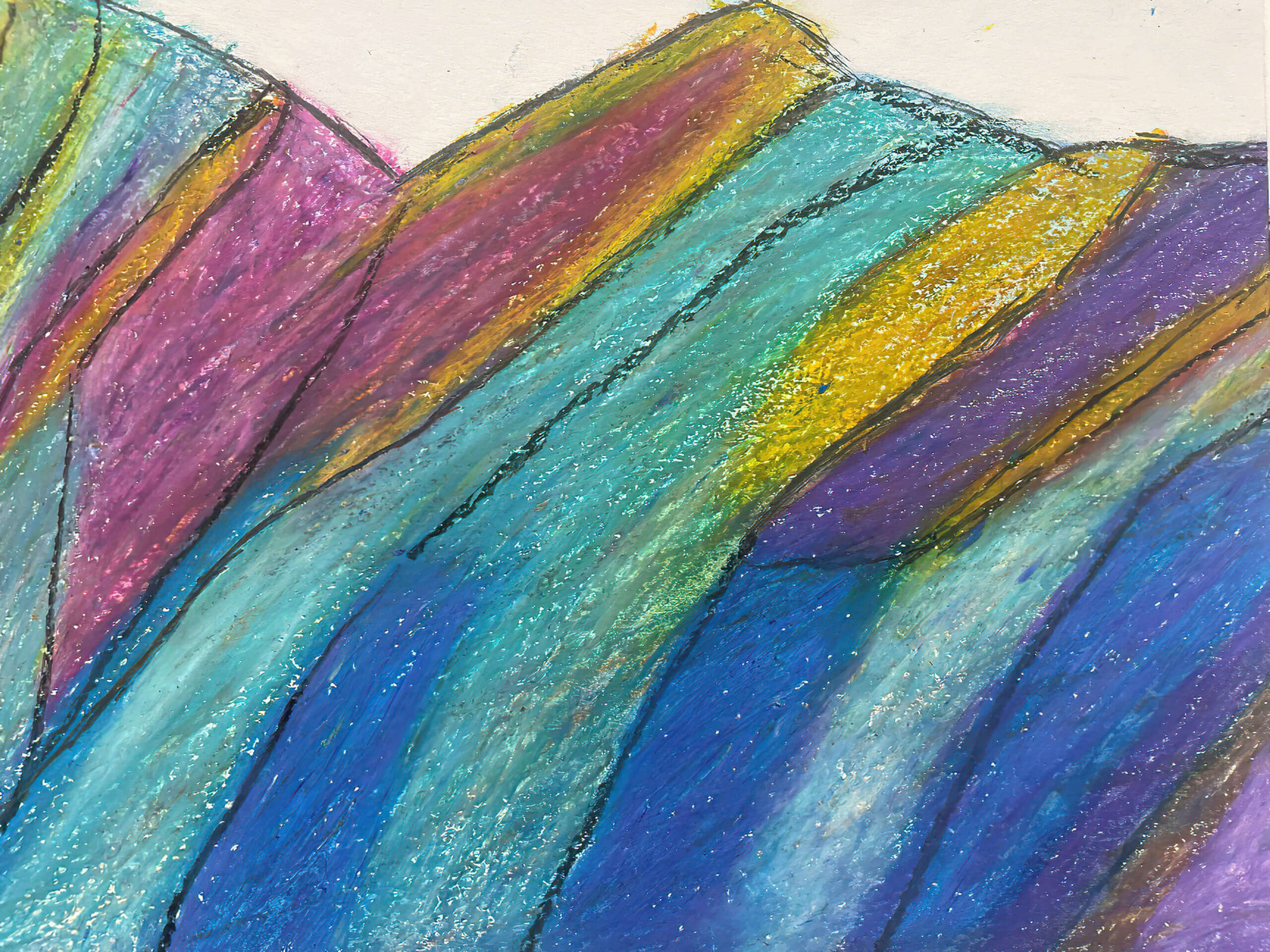 Farbenfrohe Berglandschaft mit Ölkreiden und Acrylfarben, gestaltet im Workshop „Bunte Bergwelten“ im M7 Atelier