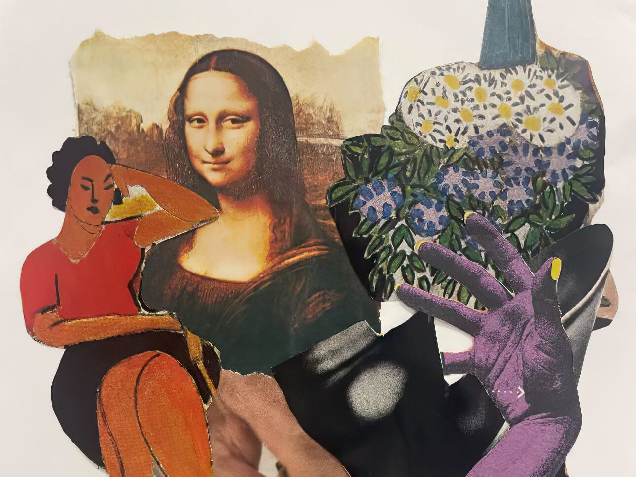 Collage aus ausgeschnittenen Bildern und Materialien, kreativ auf Papier kombiniert im Workshop im M7 Atelier