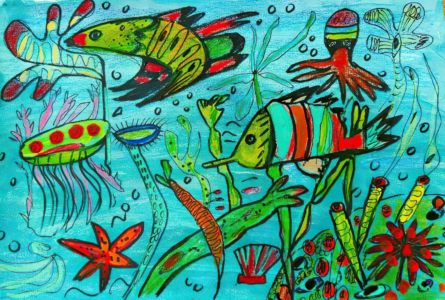 Bunte Unterwasserwelt mit Fischen und fantasievollen Meerespflanzen, gestaltet im Kreativworkshop im M7 Atelier