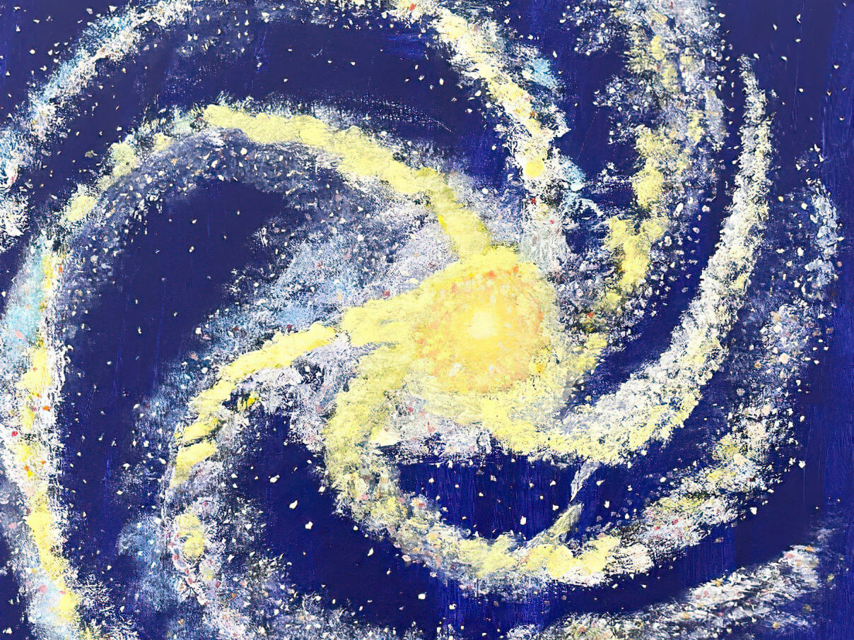 Mit Acrylfarben gemalte Galaxie mit leuchtenden Farben und Sterneneffekten, entstanden im M7 Workshop