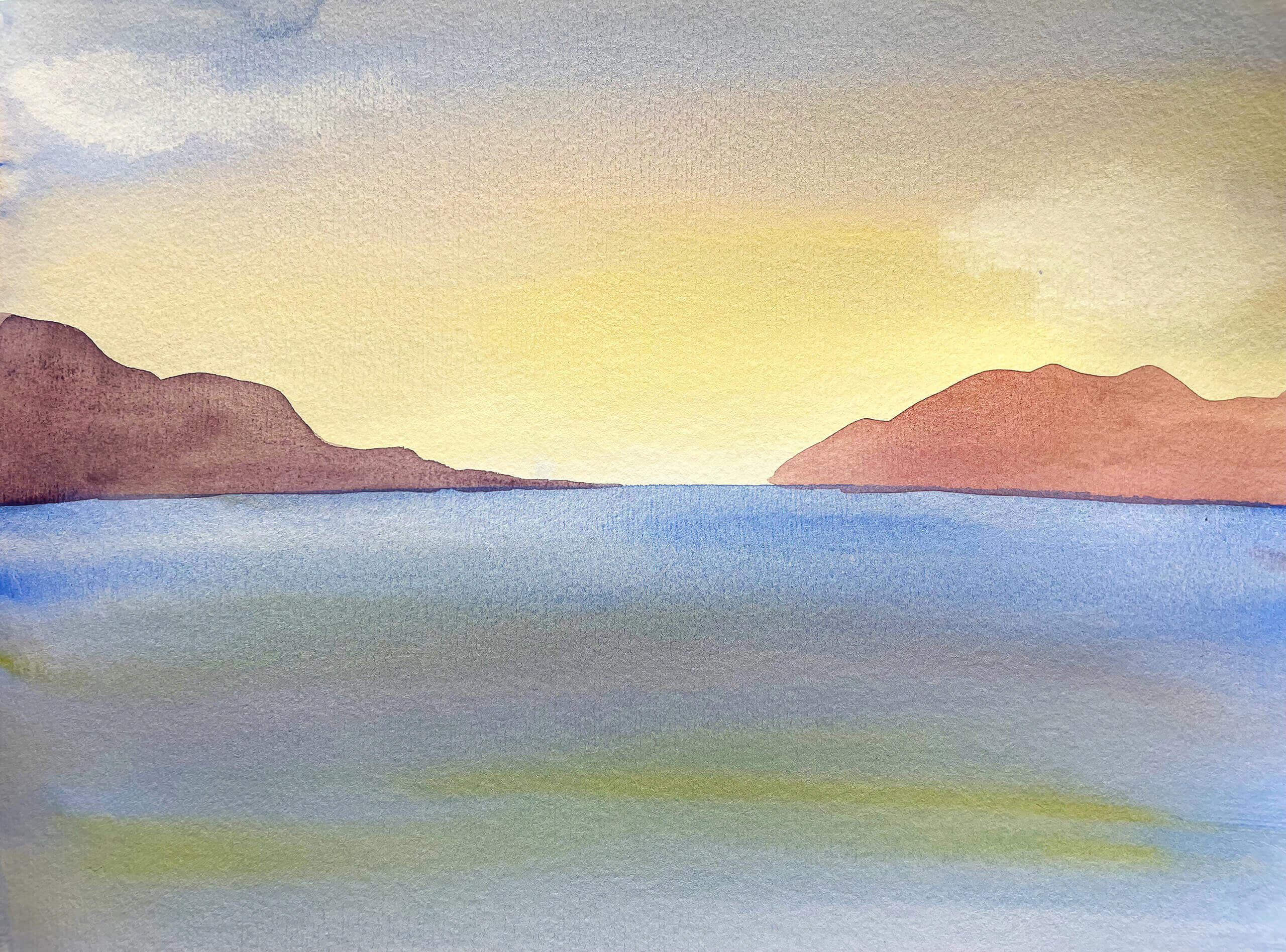 Stimmungsvolle Meereslandschaft in Aquarellfarben, gestaltet im Workshop „Meereslandschaften“ im M7 Atelier