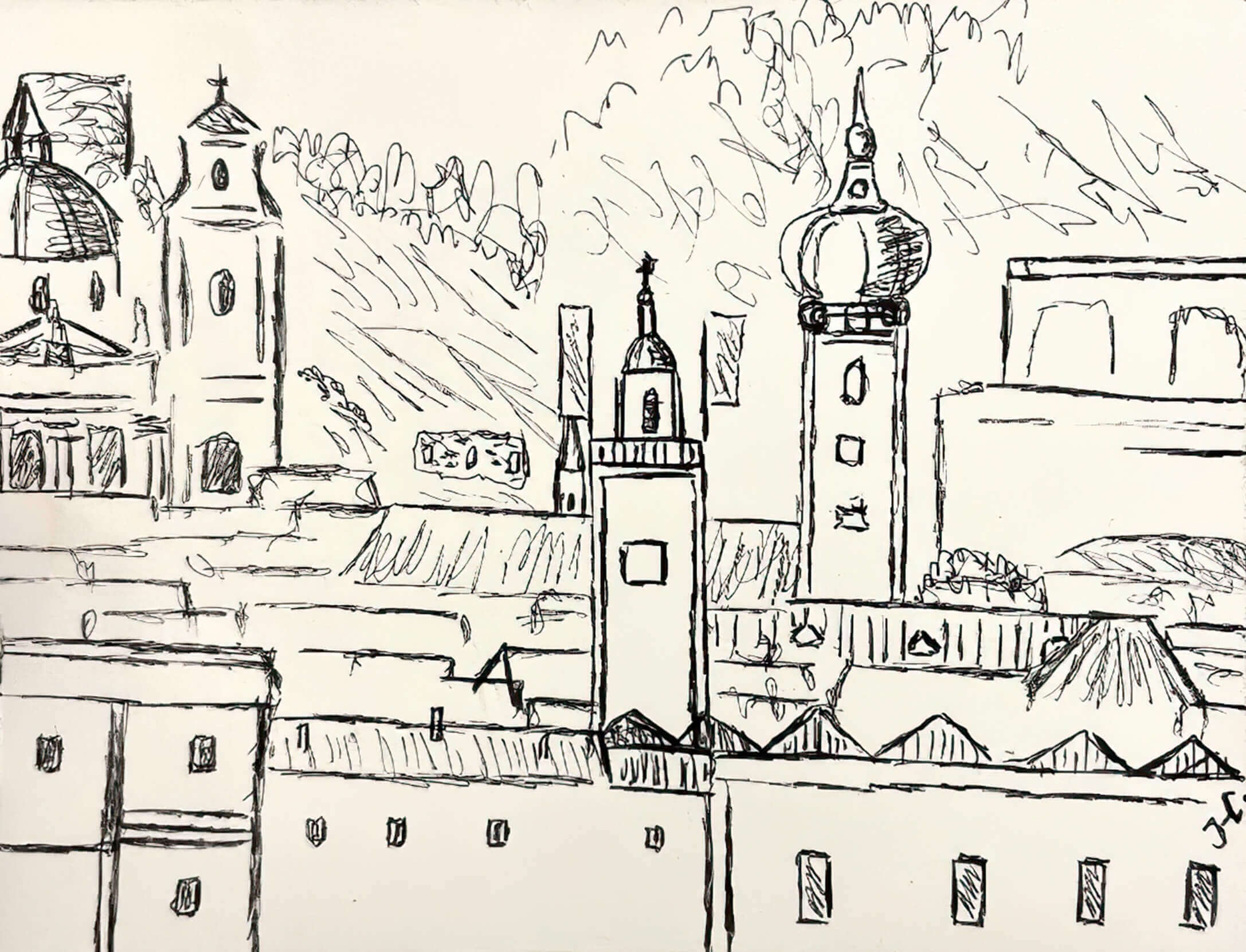 Teilnehmende zeichnen Architektur und Alltagsszenen beim Urban-Sketching-Workshop in Salzburg
