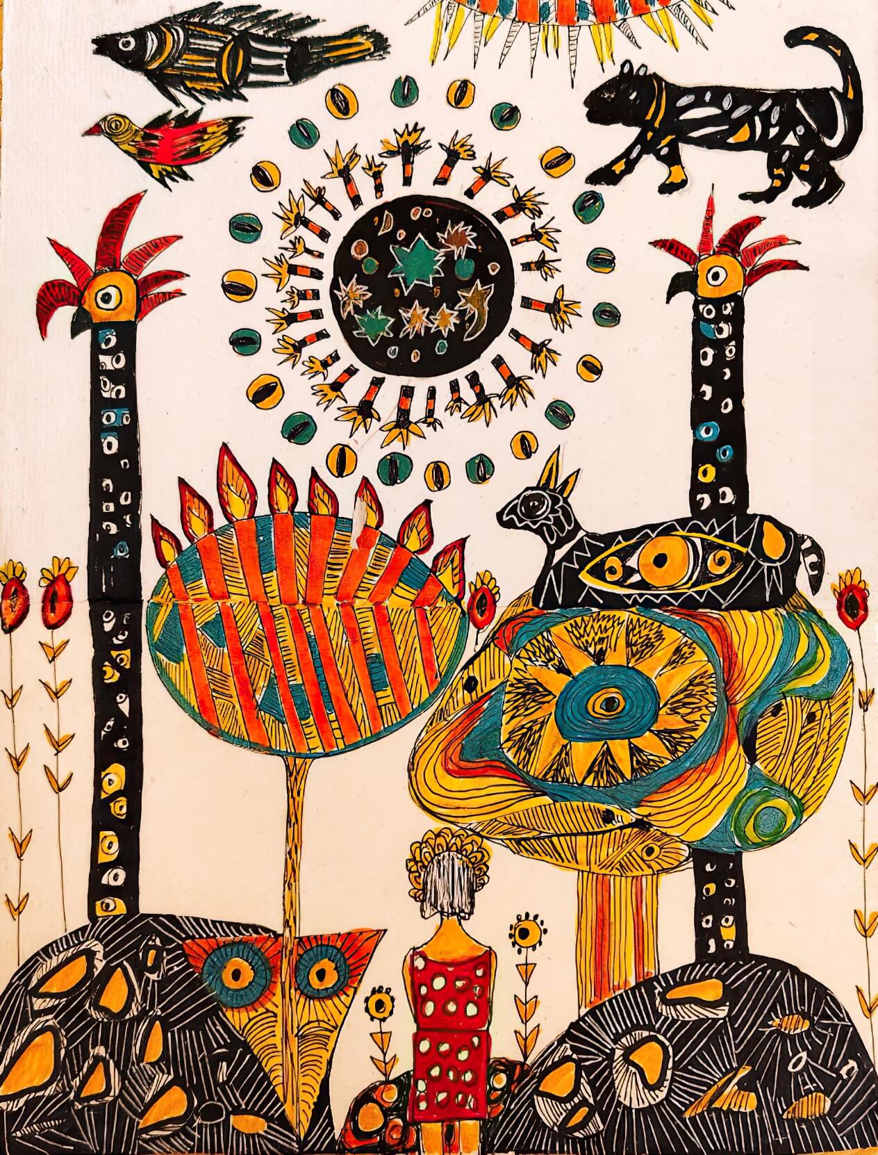 Bunt gemalte Fantasietiere in einer magischen Pflanzenwelt, entstanden im Workshop „Zauberhafte Tierwelten“ im M7 Atelier